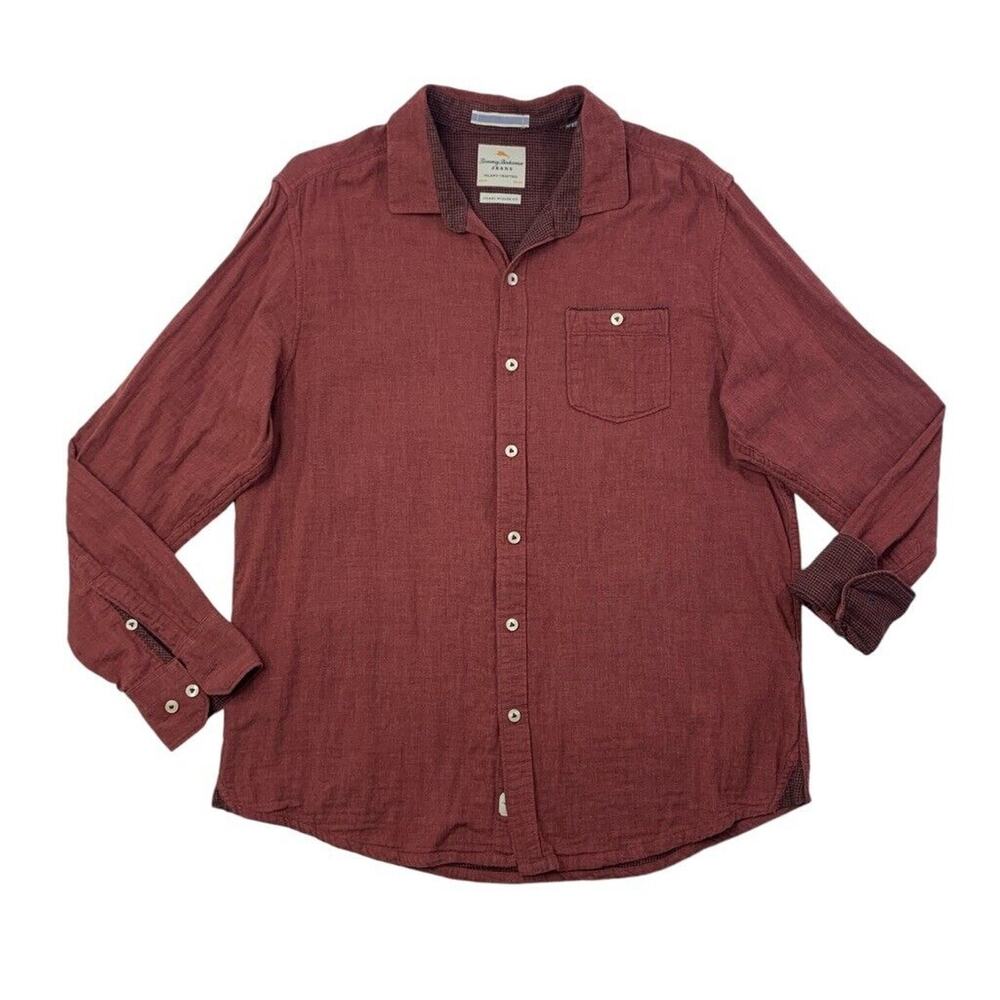 Tommy Bahama Shirt Mens M Brick Red Cotton Island Crafted Modern Fit Flip Cuff